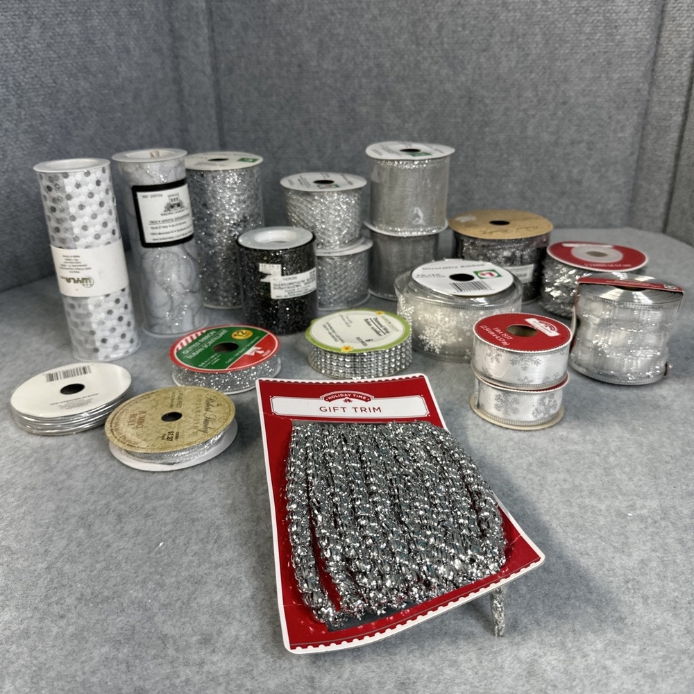 Lot Of 19 Ribbon Tulle And Gift Trim Shades Of Silver Some Wired New And Used